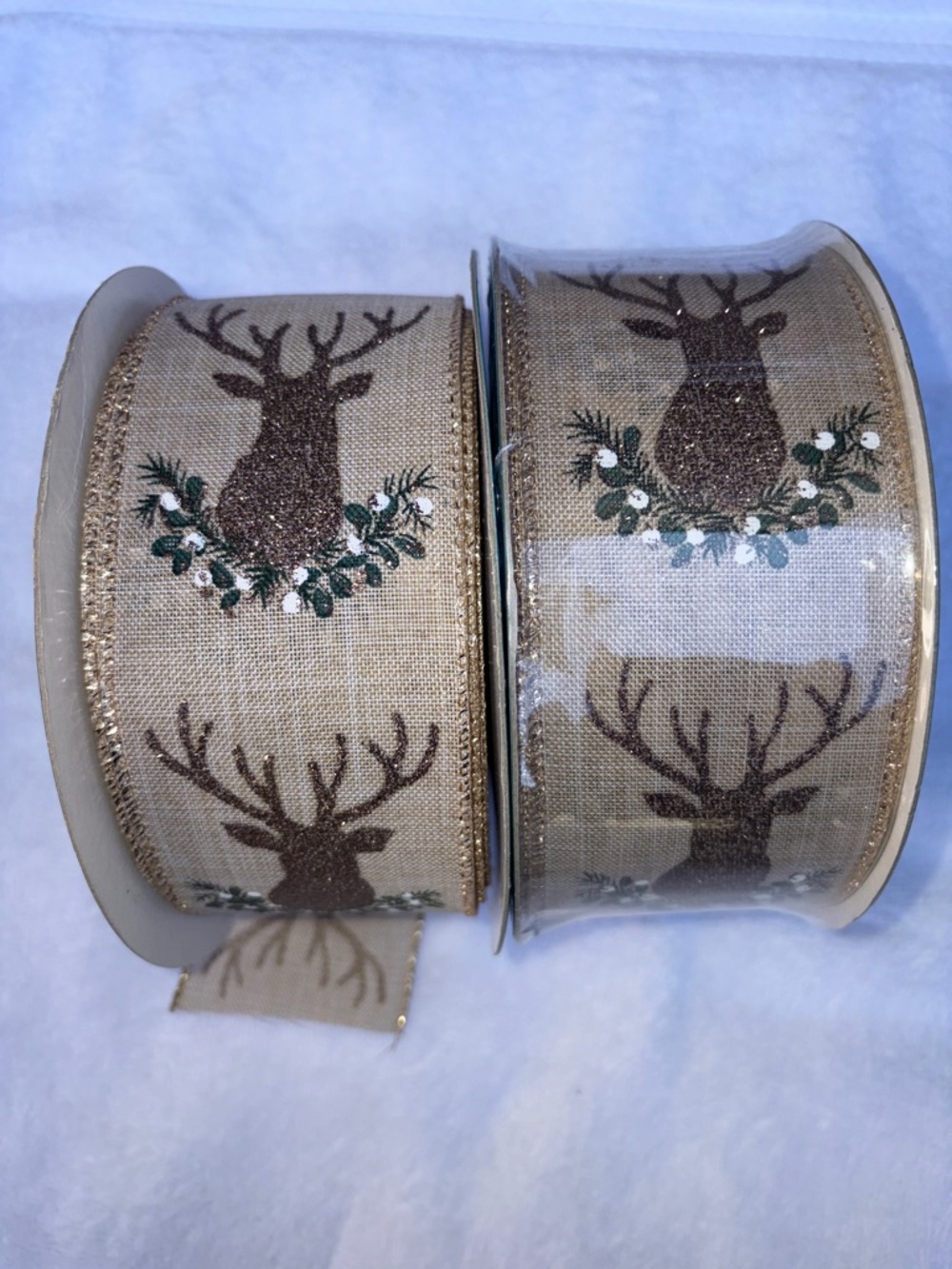 Burlap Reindeer Holiday Ribbon with Glitter Accents - Brown